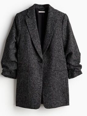 NWT H&M Black Marl Single-Button Blazer with Gathered Sleeve, L